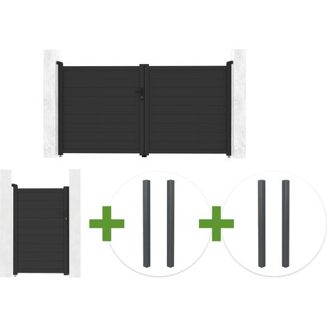 Portail battant 3m EIGER H.160cm gris + portillon 1m EIGER H.160cm + 4 poteaux ELDA