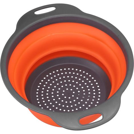 Égouttoir rond pliable en silicone pour fruits et légumes avec poignée, orange, grand format. (1/5)