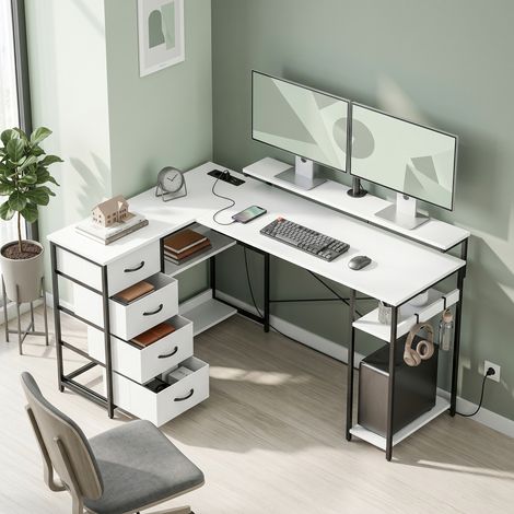 Bureau d'angle en L, 155 cm, réversible, 4 tiroirs en tissu, prises électriques (1/5)