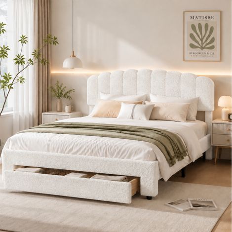 Lit double 160x200 cm, avec grand tiroir, lit rembourré avec ports USB et Type-C, tête de lit réglable en hauteur, cadre de lit 160x200, lit 160x200, Style scandinave (1/5)