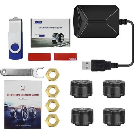 Système de surveillance de la pression des pneus TPMS pour voiture, compatible Android et via USB, avec 4 capteurs externes, alarme de surveillance jusqu'à 116 psi, transmission sans fil 5 V (capteur (1/5)