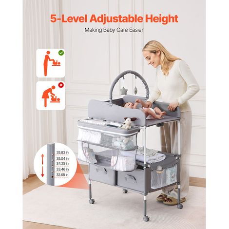 Table à langer bébé pliante, commode couches avec 2 tiroirs tissu, panier latéral et barre accroche, hauteur réglable transportable roues bloquables et 2 étoiles jouet gris clair (1/5)