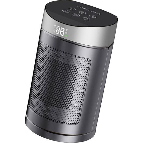 Chauffage d'appoint céramique 1500W, mini radiateur électrique portable intérieur, thermostat, télécommande, oscillation 70°, minuterie 12h, 4 modes, chambre maison, argent, prise UE (1/5)