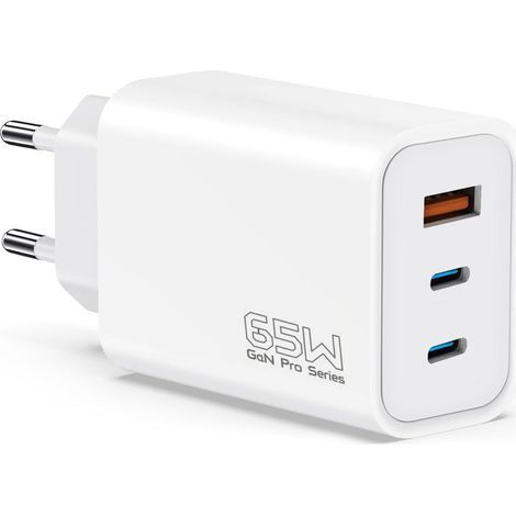 65-W-Schnellladegerät mit USB-C-Technologie, 3-Port-GaN-Technologie mit PD- und QC3.0-Ladefunktion, 3-in-1-USB-C-Ladegerät für iPhone 17/16 Pro Max, Galaxy S24/23/S22, MacBook Pro/Air (1/5)