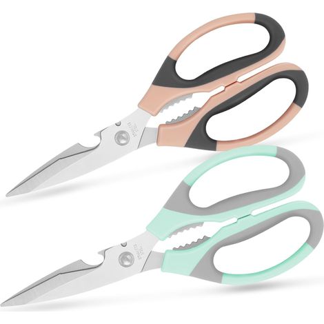 Lot de 2 ciseaux de cuisine, lames acier inoxydable, poignée douce, multifonction, rose/gris/bleu (1/5)