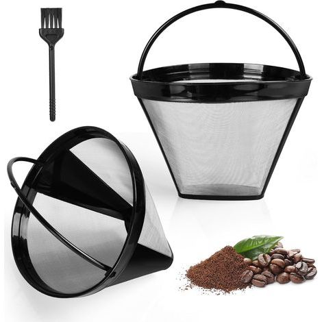 Filtre à Café Réutilisable, 2pcs filtres taille 4 avec brosse, filtre à café permanent avec poignée, Filtres à Café Style Cône panier en maille lavable pour Machines à Café, Argent (1/5)