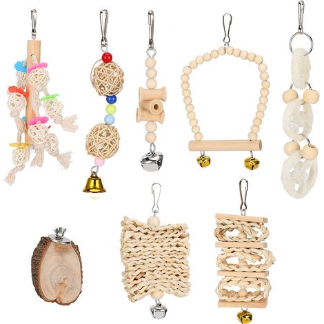 Bloc de bois tressé en paille, 8 pièces, perles colorées, éponge Loofah, balançoire, mordant, mâchant, jouet pour perroquets, oiseaux (1/5)