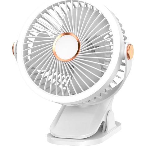 Kleiner, tragbarer Tischventilator mit Clip, wiederaufladbar, 720° verstellbar, mit LED-Beleuchtung, batterie- und USB-betrieben. Ideal für Golfwagen, Büros und Outdoor-Aktivitäten. (1/5)