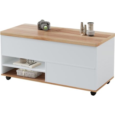 Table basse fixe-Hauteur réglable-Rangement caché-Tiroirs-Étagère-Roulettes-Bois naturel-Blanc-100x98x65cm (1/5)