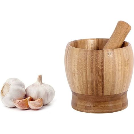 Mortier et pilon en bambou naturel, presse à ail manuelle, broyeur à gingembre, ensemble de broyage d'épices, hachoir à ail, broyeur à épices, hachoir (1/5)