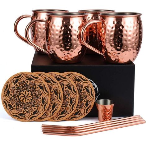 Moscow Mule Becher Set Kupfer Gehämmert Handgefertigt 4er Set mit Untersetzern & Trinkhalmen (1/5)