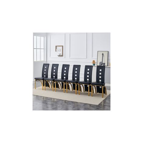 Lot de 6 chaises de salle à manger design européen avec motif perforé, similicuir noir + pieds en métal doré, hauteur 102,5 cm, adaptées aux salles à manger ou salons modernes (1/5)