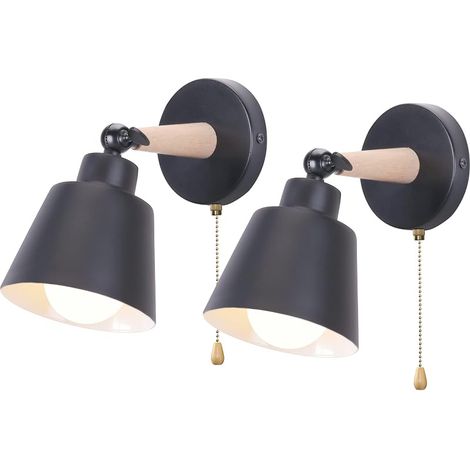 Lot de 2 Appliques Murales Rétro Vintage E27 Luminaire Plafonnier Industriel en Bois et Métal Réglable Lampe Murale Interieur avec Interrupteur Applique Moderne pour Chambre Entrée Salon (Noir) (1/5)