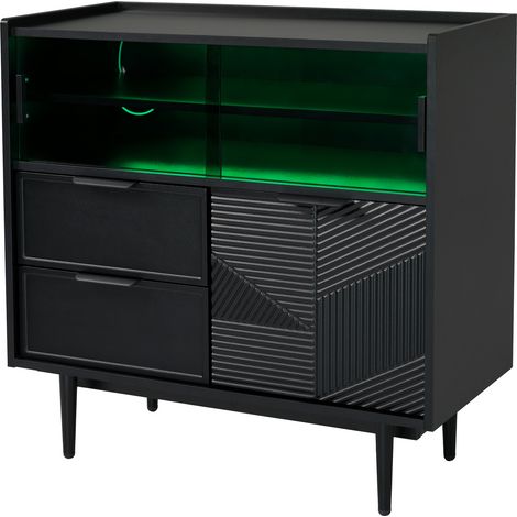 Aufbewahrungsschrank mit 1 Glasschiebetur, 1 Schublade, Offenen Fachern und LED fur Bad und Wohnzimmer, Schwarz (1/5)