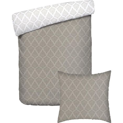 Parure de lit 2 Pièces 1 Personnes - Housse de Couette 140x200 cm et 1 Taie Oreiller 63x63 cm – 100% Satin de Coton, 80 Fils – Accord botanique – Taupe et Blanc (1/5)