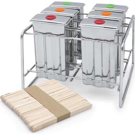 Eisformen aus Edelstahl wiederverwendbar inklusive 50 Holz Eisstiele - 6er Set - Popsicle Form mit Metall Ständer für Eis am Stiel - DIY Wassereis Förmchen