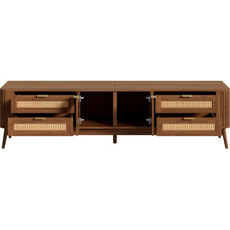 Mueble TV con 4 cajones, 2 puertas de cristal templado, LED y app, 180 cm, nogal (1/5)