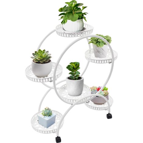 Support plantes à 4 étages avec roues, 6 plateaux étagère à Fleurs en métal, Extérieur et Intérieur, Pour Terrasse, Jardin, Balcon, Salon, Chambre (Blanc) (1/5)