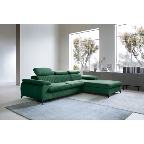 Emporius Canapé d'angle Xanto M avec appuie-têtes réglables, rangement, droite - canapé convertible, velours, vert (1/5)