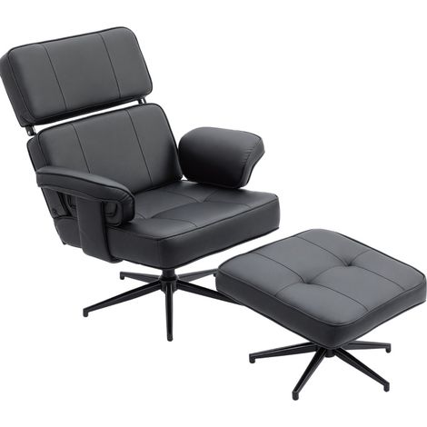 Poltrona relax reclinabile in ecopelle con poggiapiedi, poggiatesta regolabile, base in metallo, nero (1/5)