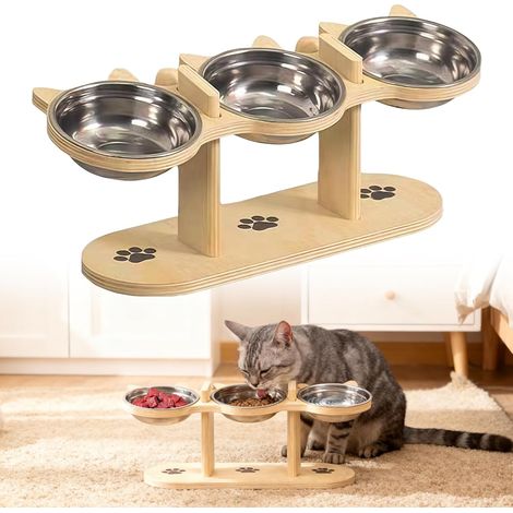 Lot de 3 gamelles surélevées 3 en 1 pour chat avec 3 gamelles en acier inoxydable - Avec support en bois - Gamelle ergonomique pour petits chiens