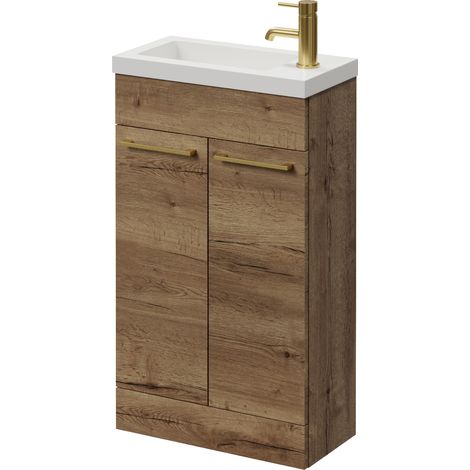 Napoli 250 Tobacco Oak 500mm 2 Door Vanity Unit with Square Silvo Basin - 500mm - Brushed Brass 160mm Handle