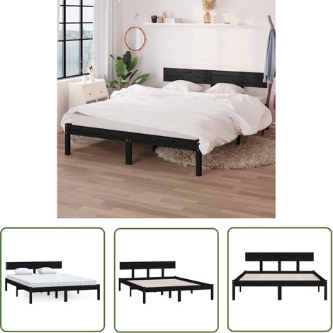 The Living Store Massivholzbett Schwarz Kiefer 135x190 cm - Holzbett - Doppelbett - Kiefernholzbett - Massives Holzbett - Schwarzes Bett (1/5)