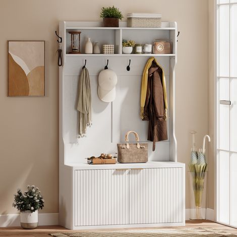 Perchero Zapatero 4 en 1 Perchero Moderno con Estante Abierto para Pasillo Entrada Dormitorio 100x38x172 cm Blanco (1/5)