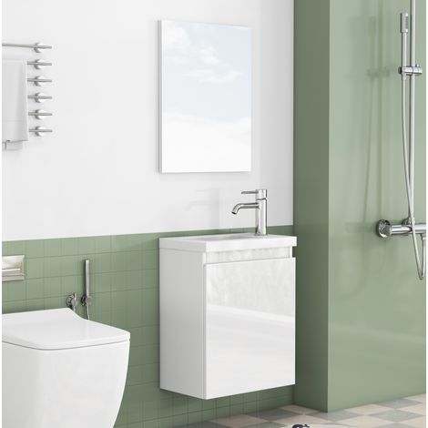 Mobile bagno sospeso 40x40x45 cm, con lavabo in ceramica e specchio, design senza maniglie, MDF bianco lucido (1/5)