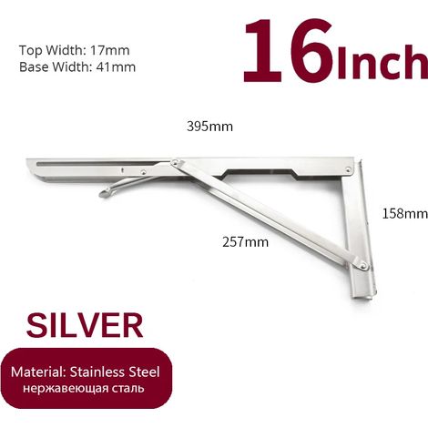 (Argent 40,6 cm - FR) 2 équerres pliantes en acier inoxydable, blanc et noir, support mural triangulaire en fer pour étagère, banc ou table (1/5)