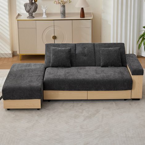 Canapé d’angle convertible 217 cm en chenille gris avec coffre, 2 tiroirs, dossier réglable 3 positions, porte-gobelets, pouf, salon (1/5)