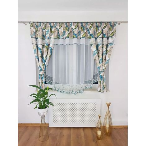 Rideau prêt à poser avec drapés et broderies - feuilles vertes (1/5)
