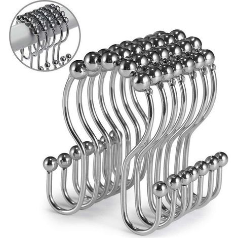 Set of 12 rustproof stainless steel shower curtain hooks with double sliding anti-fall hook for bathroom shower curtain (chrome)