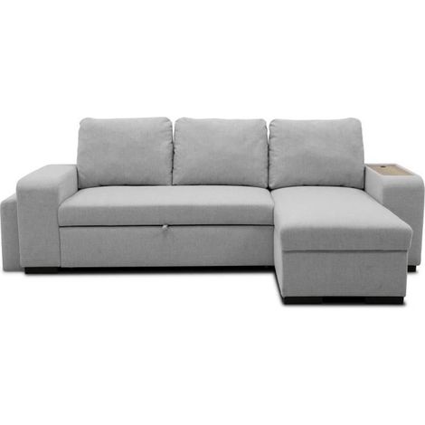 Canapé d'angle convertible réversible VALDO 3 a 4 places - Tissu Souris - Tablette avec USB - Coffre + Pouf - L247xP143xH86 cm (1/5)
