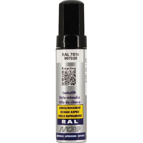 Stylo retouche acrylique 12 ml – Gris anthracite RAL 7016 – Séchage rapide – Excellente adhérence sur bois, métal et plastique – Motip (1/3)