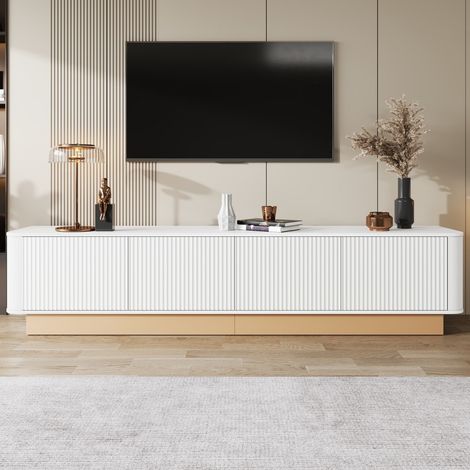 Meuble TV Lowboard - 200x40x47,5cm - Portes à Motifs Striés et Angles Arrondis - Style Minimaliste Luxueux - Blanc (1/5)