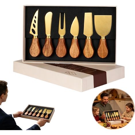 Coffret de 6 couteaux à fromage - Couteaux à fromage en acier inoxydable - Coupe-fromage avec lame - Manche en bois - Doré - 25,2 cm x 16,3 cm - Coffret cadeau - Idéal pour les plateaux de fromages, l (1/5)