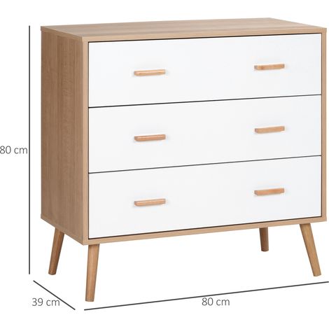 Commode haute à 3 tiroirs pour salon ou chambre, en bois, 80x39x80cm, blanche et couleur bois. (1/5)