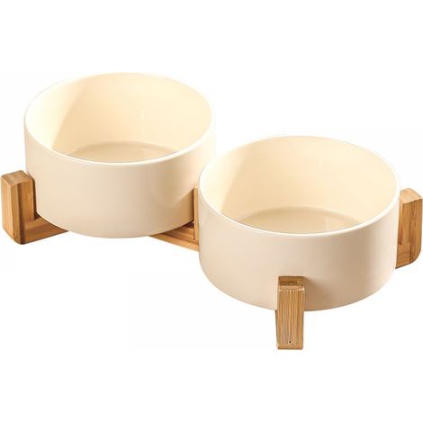 Bol - Céramique Blanche Brillante - Support En Bambou Naturel À Deux Compartiments - Pour Chats Et Petits Chiens - 13,5 cm - 550 ml - 1 Pièce (1/5)