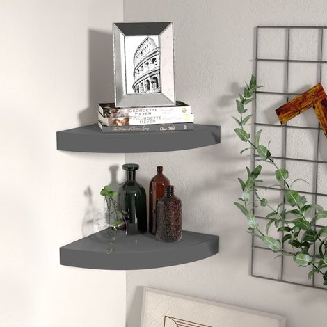 Étagères d'angle flottantes 2 pcs Gris brillant 25x25x3,8 MDF (1/5)