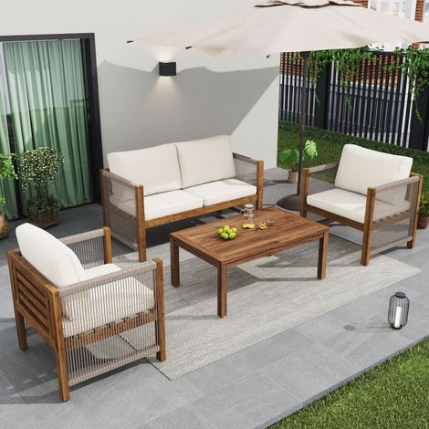 Lot de 2 canapés, en rotin, beige, pour jardin et terrasse, Ensemble salon jardin canapé double 2 fauteuils table extérieur style