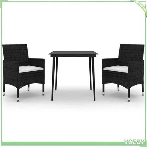 Ensemble à manger de jardin - FAFEICY - 3099727 - Résine tressée - Table verre 80x80 cm - 2 places noir, coussins crème (1/5)