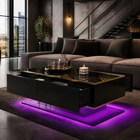 Mesa de centro LED 100 x 50 x 40 cm, 3 cajones, espacio abierto, negro brillante y dorado DESVIAE (1/5)