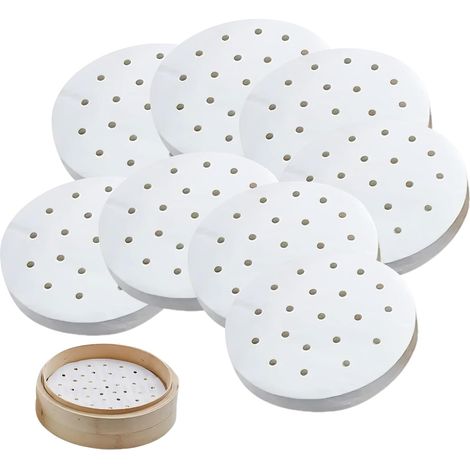 100 feuilles de 19 cm (7,5 pouces) de papier aluminium perforé en bambou pour panier vapeur – Papier de cuisson antiadhésif pour dim sum et friteuses à air chaud (1/5)