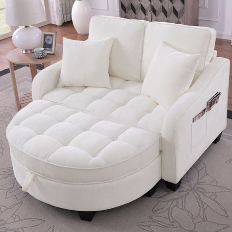 Divano letto 2 in 1 beige con pouf contenitore, legno di eucalipto e tessuto traspirante (1/5)