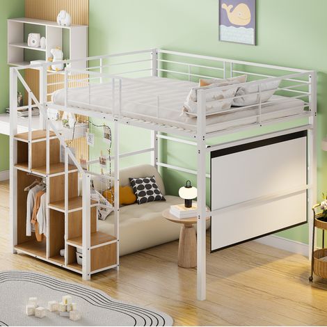 lit adulte rangement 140x200 metal blanc haut mezzanine HAVRYA (1/5)
