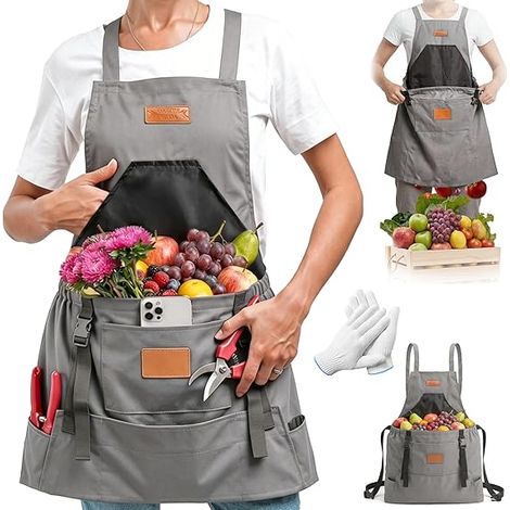 Ortviai Tablier de Jardinage Imperméable Gris - Tablier de Récolte avec Grandes Poches pour Hommes et Femmes - Équipement de Travail de Champ avec Sangles Croisées - Field and Harvest Gardening Apron (1/4)