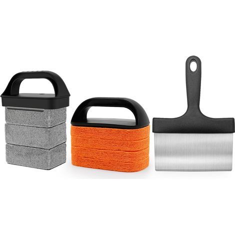 Kit de nettoyage pour plancha comprenant une pierre à griller, un grattoir et une brosse pour éliminer facilement les taches. (1/5)