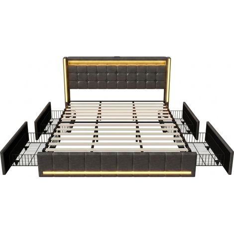 Lit 140x190 cm avec sommier, lit double capitonné, 4 tiroirs,  éclairage LED réglable, deux ports USB/C, style scandinave, Lin - Gris Foncé