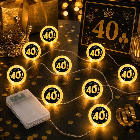 Décoration d'anniversaire pour 40e anniversaire, 2 m, 20 LED, fonctionne avec piles, guirlande lumineuse LED noire et dorée, cadeau d'anniversaire pour femmes et hommes, pour fête, chambre à coucher (1/5)